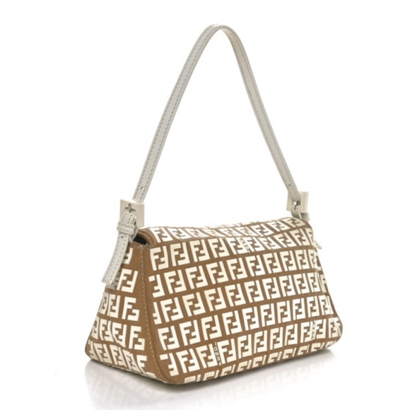 Auth RARE FENDI Tan khaki canvas White rubber zucchino mini mama Baguette Bag - Picture 2 of 15